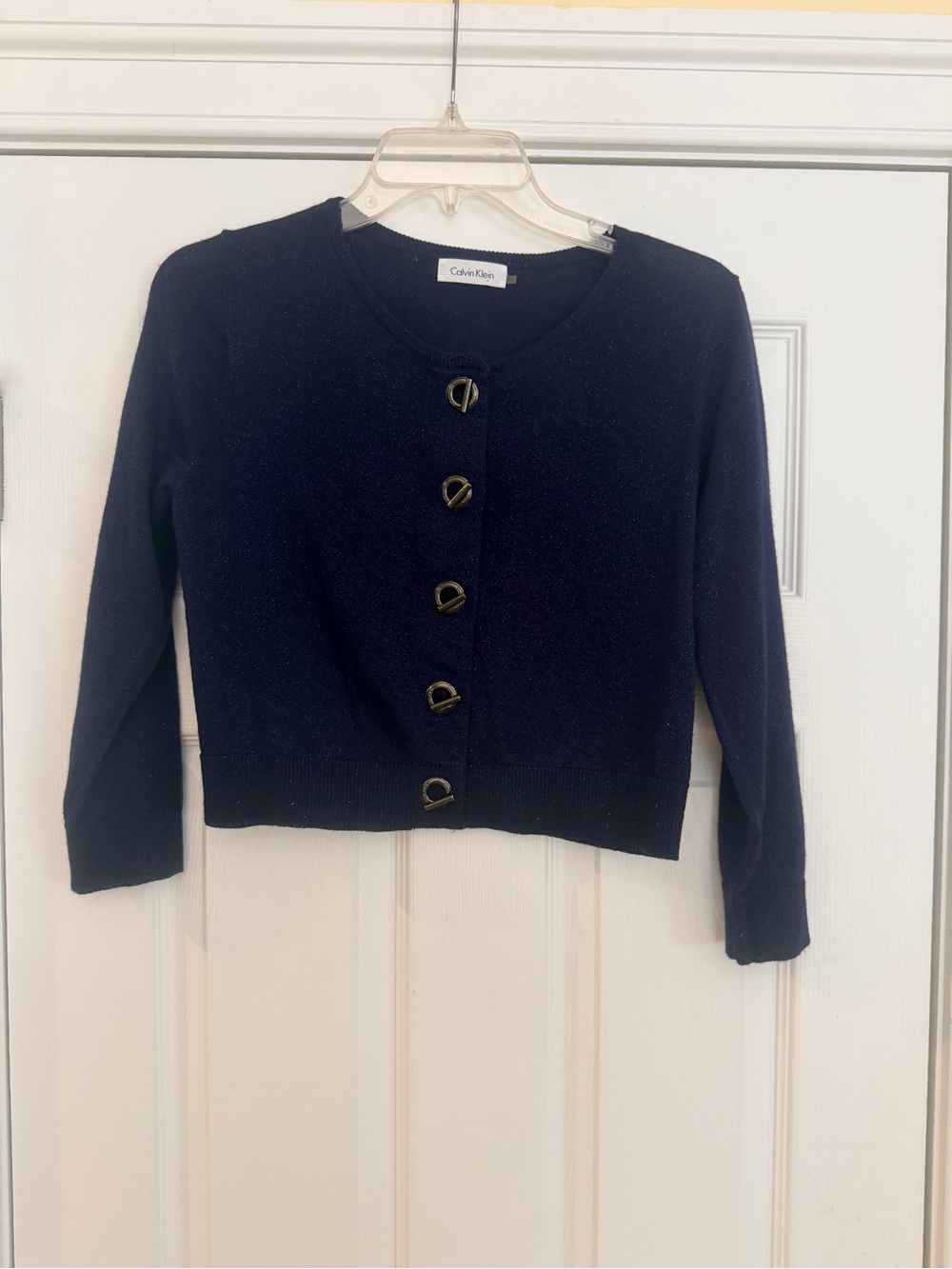 Ladies Size Small "Calvin Klein" Navy Cropped Toggle Button-Front Cardigan GUC